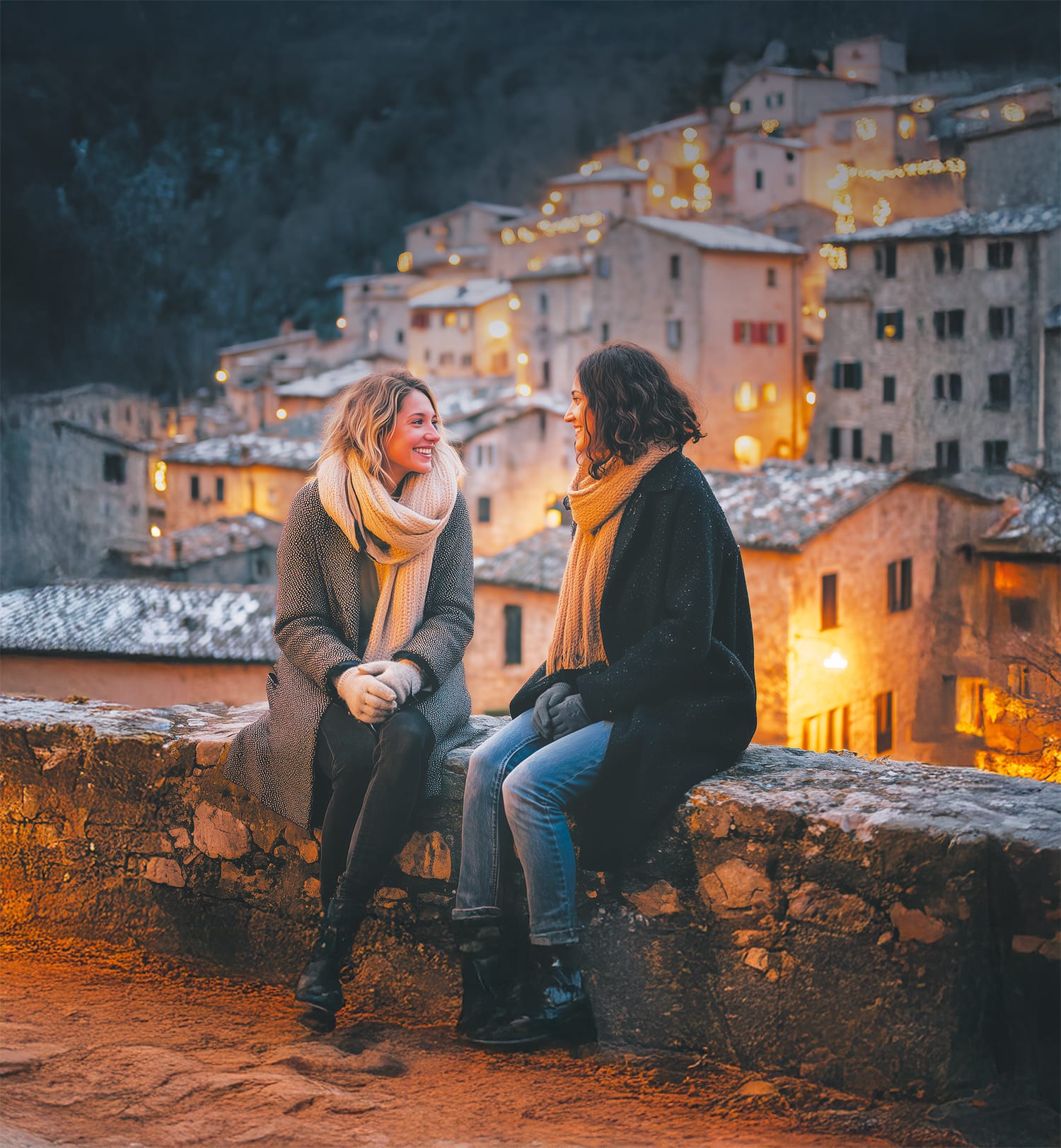 Coppia che ammira un borgo italiano innevato